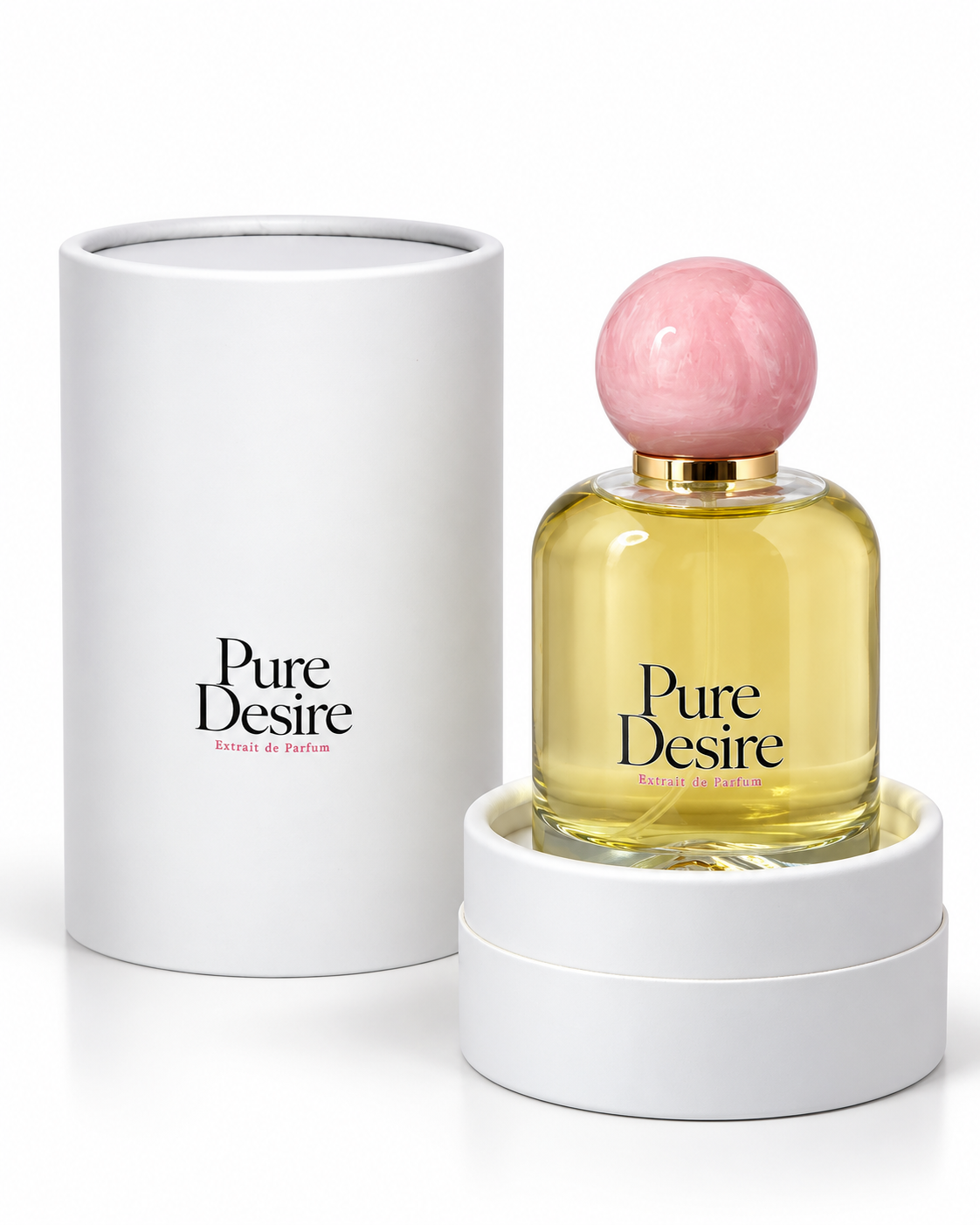 Pure Desire presentation box and perfume bottle on a white background