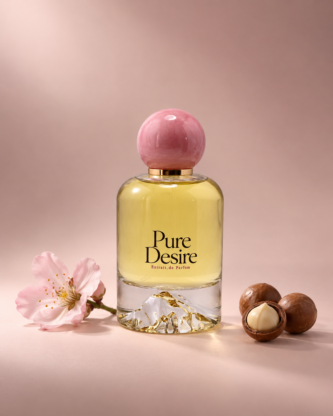 Pure Desire bottle with cherry blossom and macadamia nuts in a blush studio setting