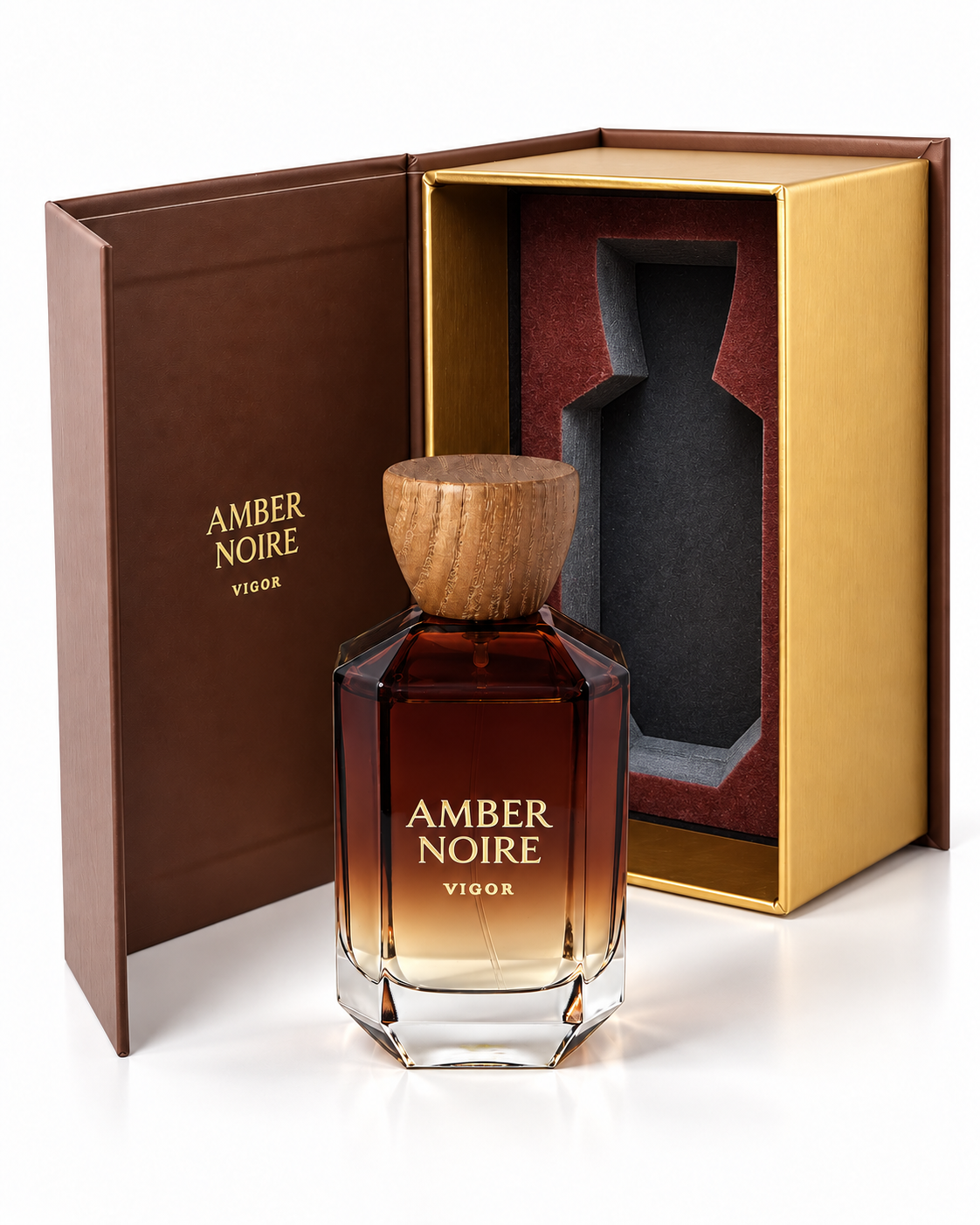 Amber Noire bottle beside its open presentation box