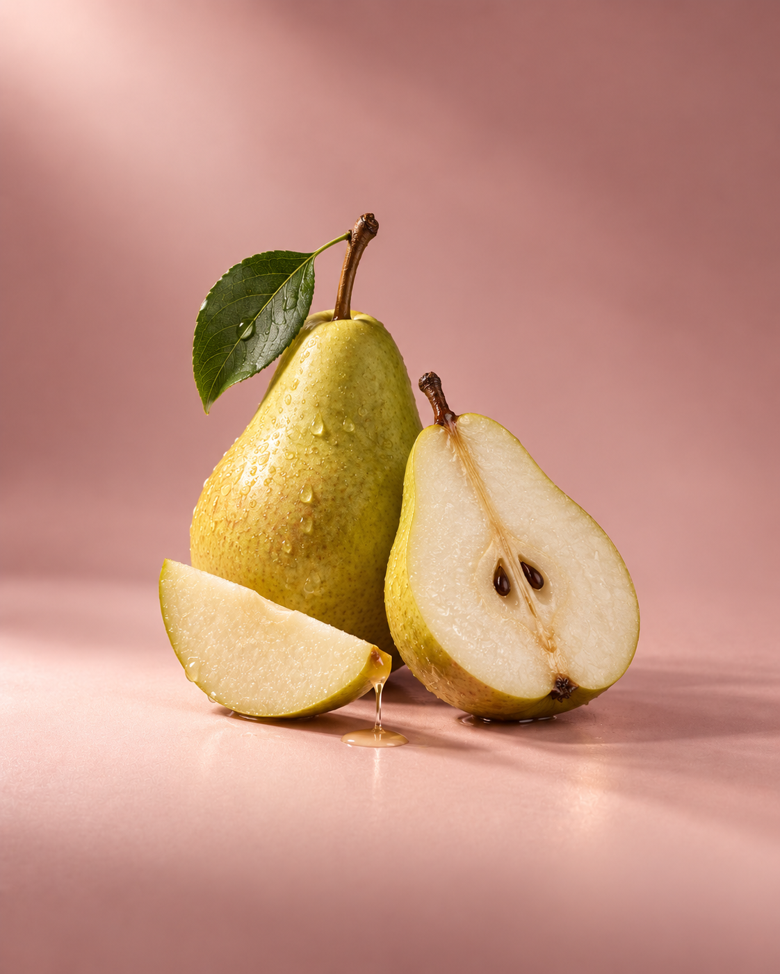 Whole, halved and sliced pear with a drop of golden nectar on a blush studio backdrop
