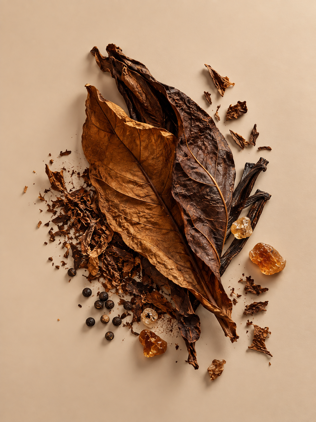 Tobacco leaves, vanilla pods, black pepper and amber resin