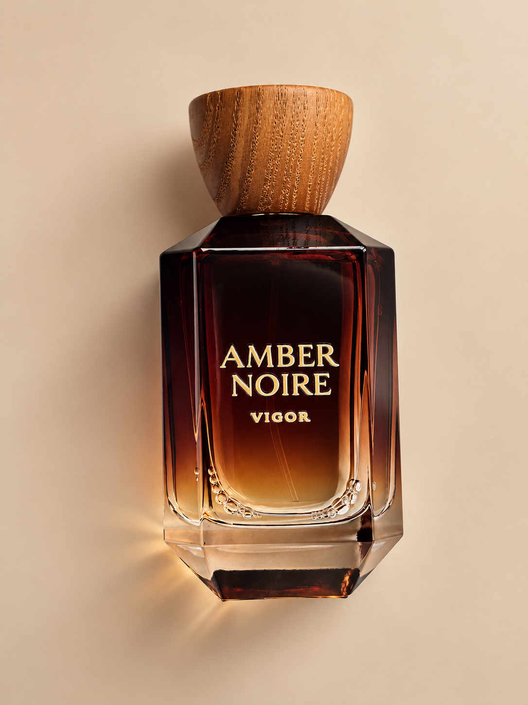 Amber Noire bottle in a warm photographic studio composition