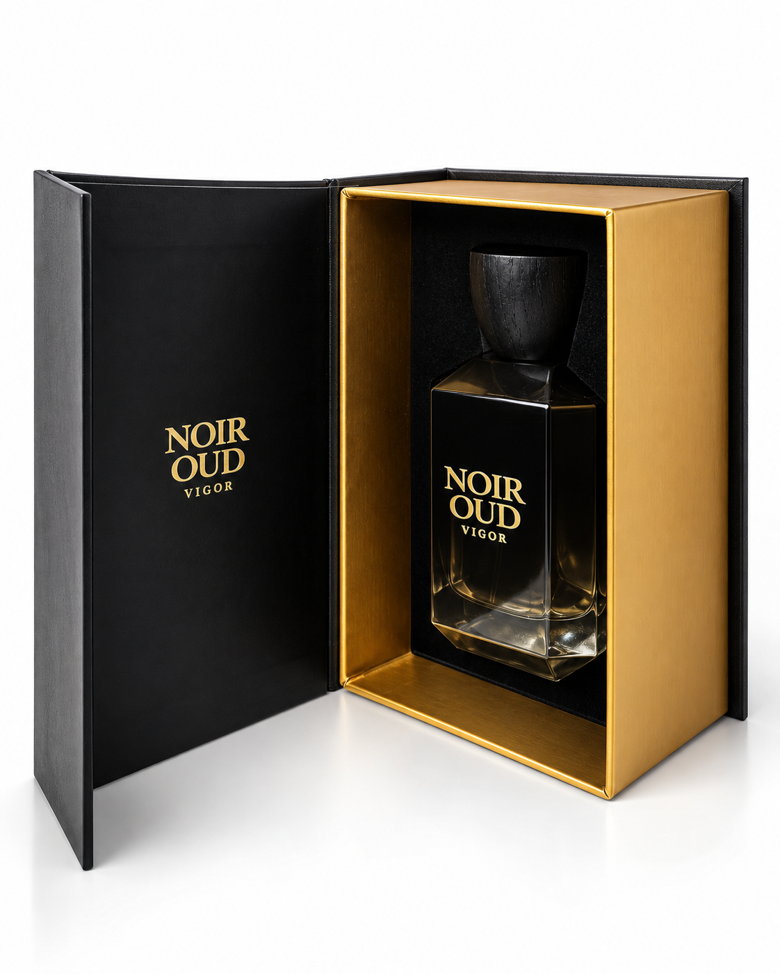Open Noir Oud presentation box with gold interior and bottle inside